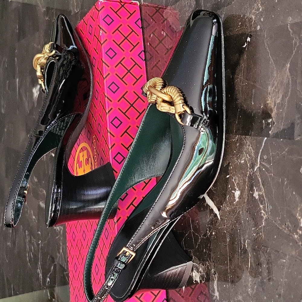 NIB$378 Tory Burch Jessa Horse-Bit Chain Point Toe Slip-On Slingback Pumps 5 - Picture 12 of 16